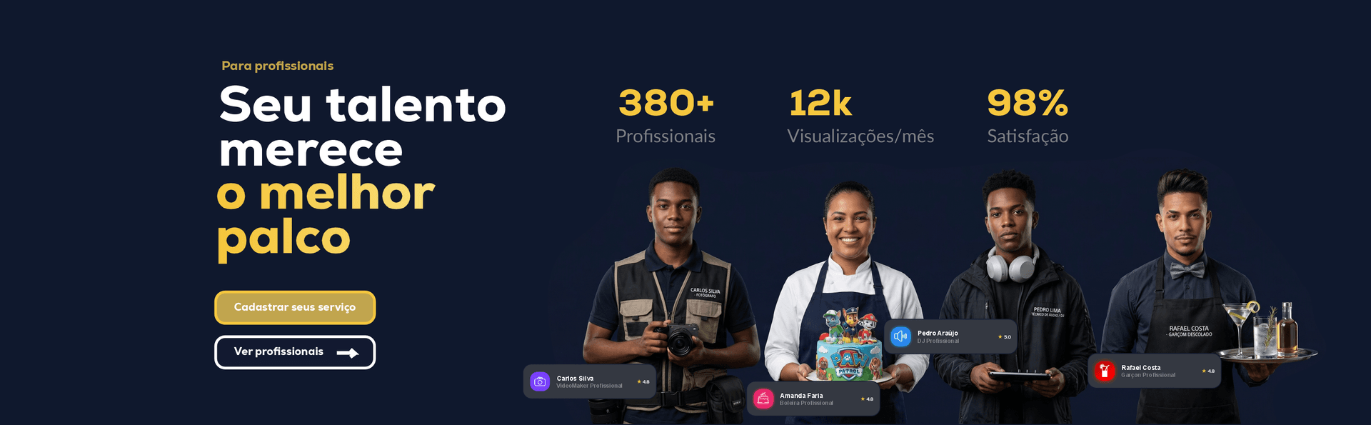 Profissionais de festas — fotógrafo, confeiteira, DJ e garçom